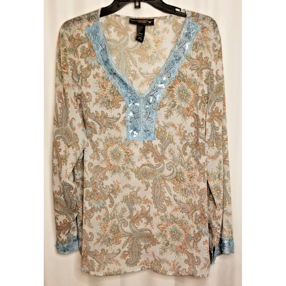 Women's Tunic Top Bohemian Paisley Sheer Beaded & Lace Sheer Venezia Size 14/16